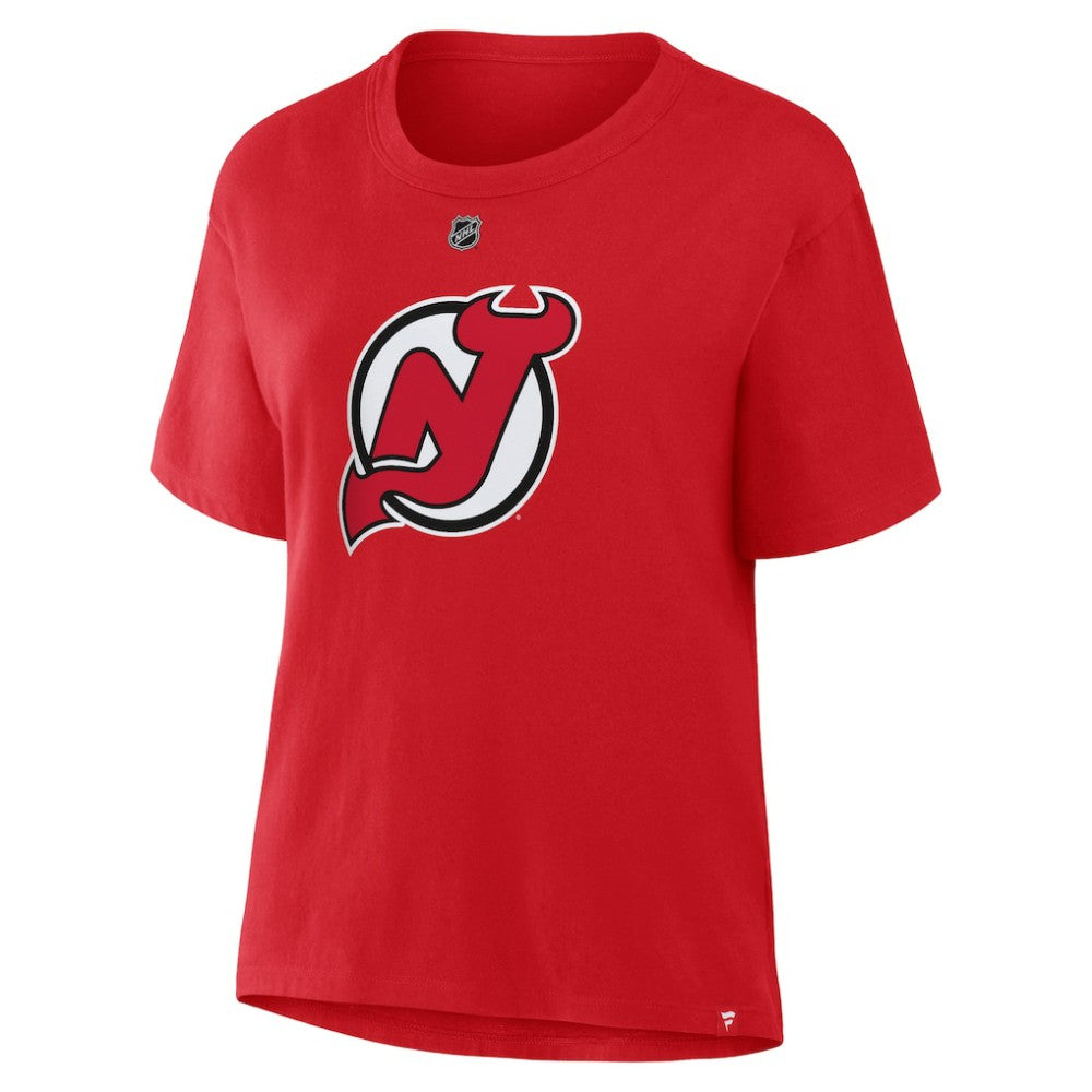 Jack Hughes New Jersey Devils Fanatics Women's Authentic Stack Name & Number T-Shirt - Red - NHL 202477548