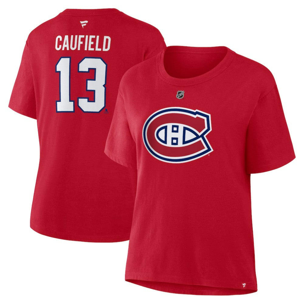Cole Caufield Montreal Canadiens Fanatics Women's Authentic Stack Name & Number T-Shirt - Red - NHL 202477589