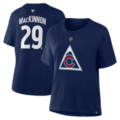 Nathan MacKinnon Colorado Avalanche Fanatics Women's Authentic Stack Name & Number T-Shirt - Navy - NHL 202477681