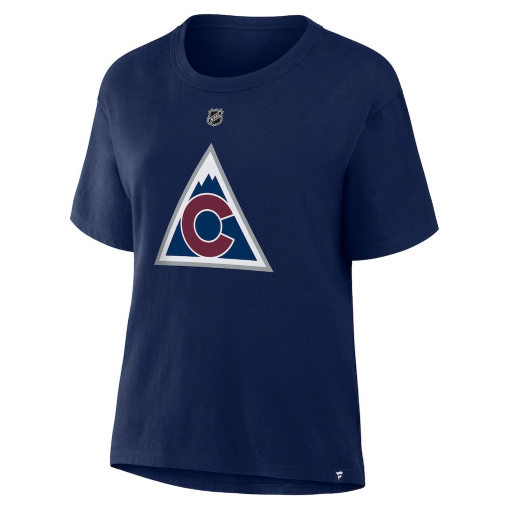Nathan MacKinnon Colorado Avalanche Fanatics Women's Authentic Stack Name & Number T-Shirt - Navy - NHL 202477681