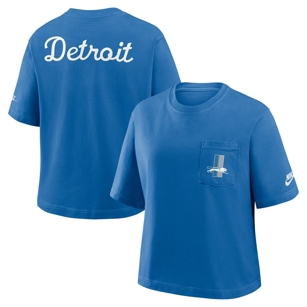 Nike Detroit Lions Women's Rewind Pocket Boxy T-Shirt Blue