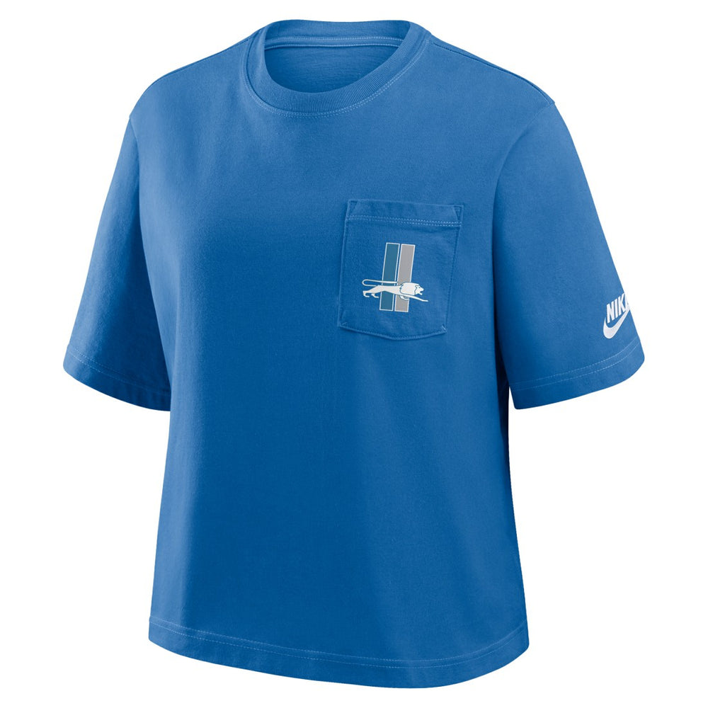 Nike Detroit Lions Women's Rewind Pocket Boxy T-Shirt Blue