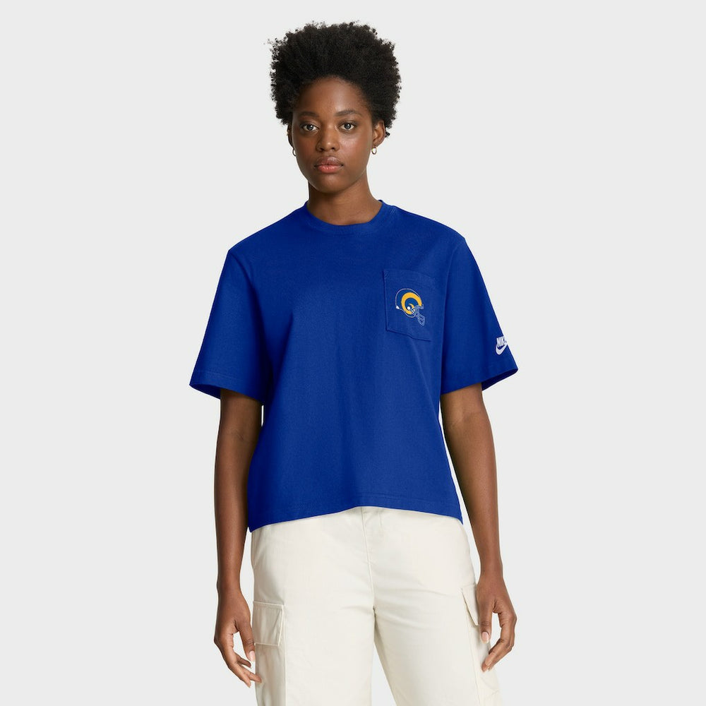 Nike Los Angeles Rams Women's Rewind Pocket Boxy T-Shirt Royal