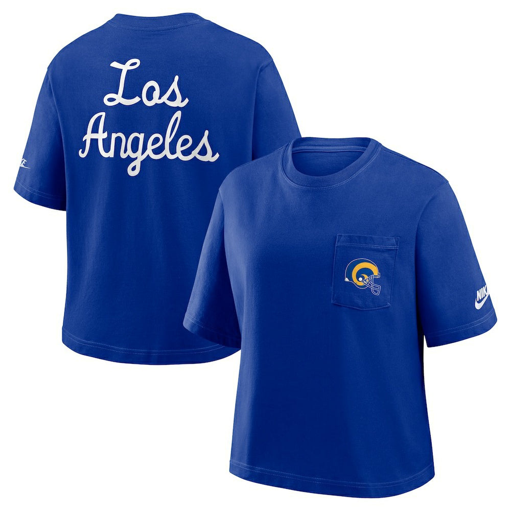 Nike Los Angeles Rams Women's Rewind Pocket Boxy T-Shirt Royal