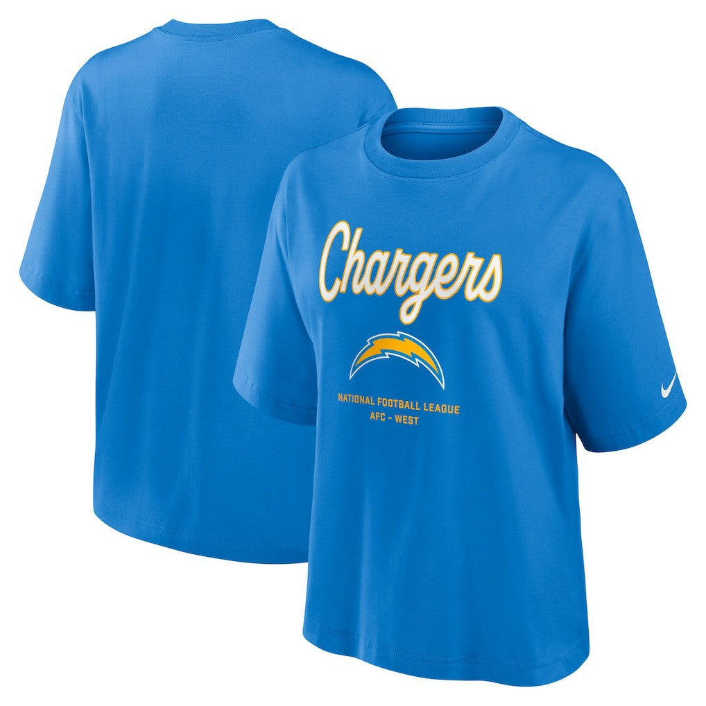 Nike Los Angeles Chargers Women's Essential Script Relaxed Boxy T-Shirt Powder Blue