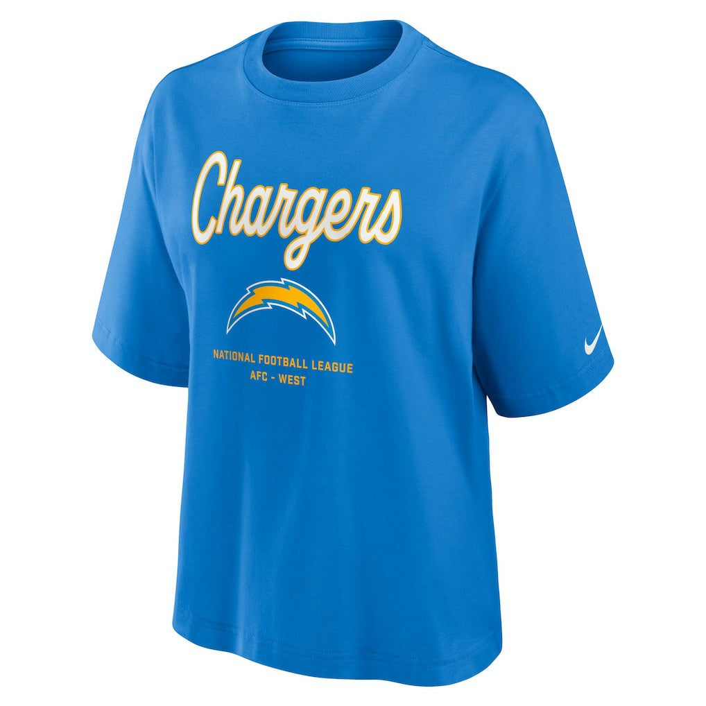 Nike Los Angeles Chargers Women's Essential Script Relaxed Boxy T-Shirt Powder Blue
