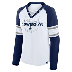 Fanatics Dallas Cowboys Women's Redzone Blitz Package Raglan Lace-Up V-Neck Long Sleeve T-Shirt White/Navy