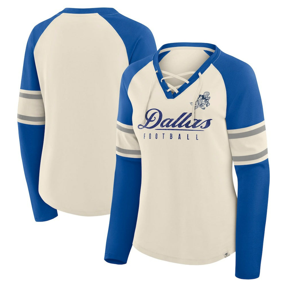 Fanatics Dallas Cowboys Women's Hometown Gridiron Hero Raglan Lace-Up V-Neck Long Sleeve T-Shirt Cream/Royal