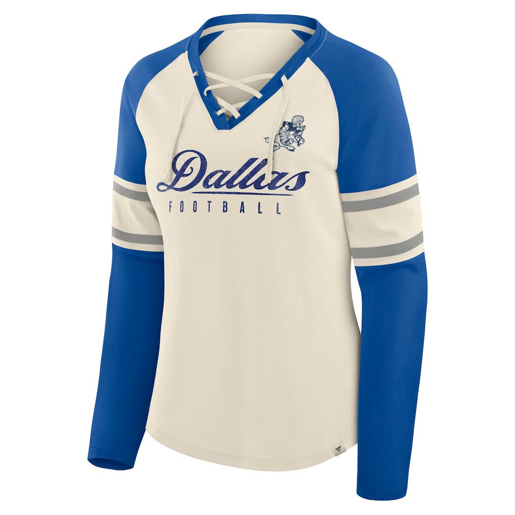 Fanatics Dallas Cowboys Women's Hometown Gridiron Hero Raglan Lace-Up V-Neck Long Sleeve T-Shirt Cream/Royal