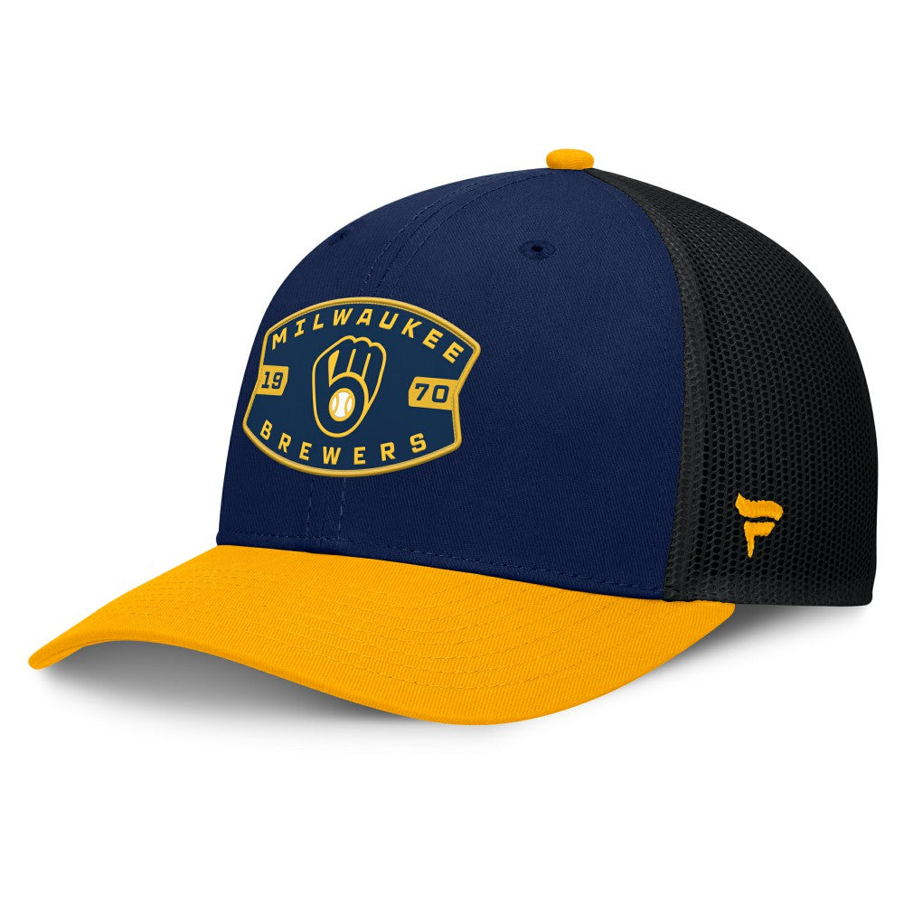 Milwaukee Brewers Fanatics Cutoff Adjustable Trucker Hat - Navy/Gold - Fanatics Online