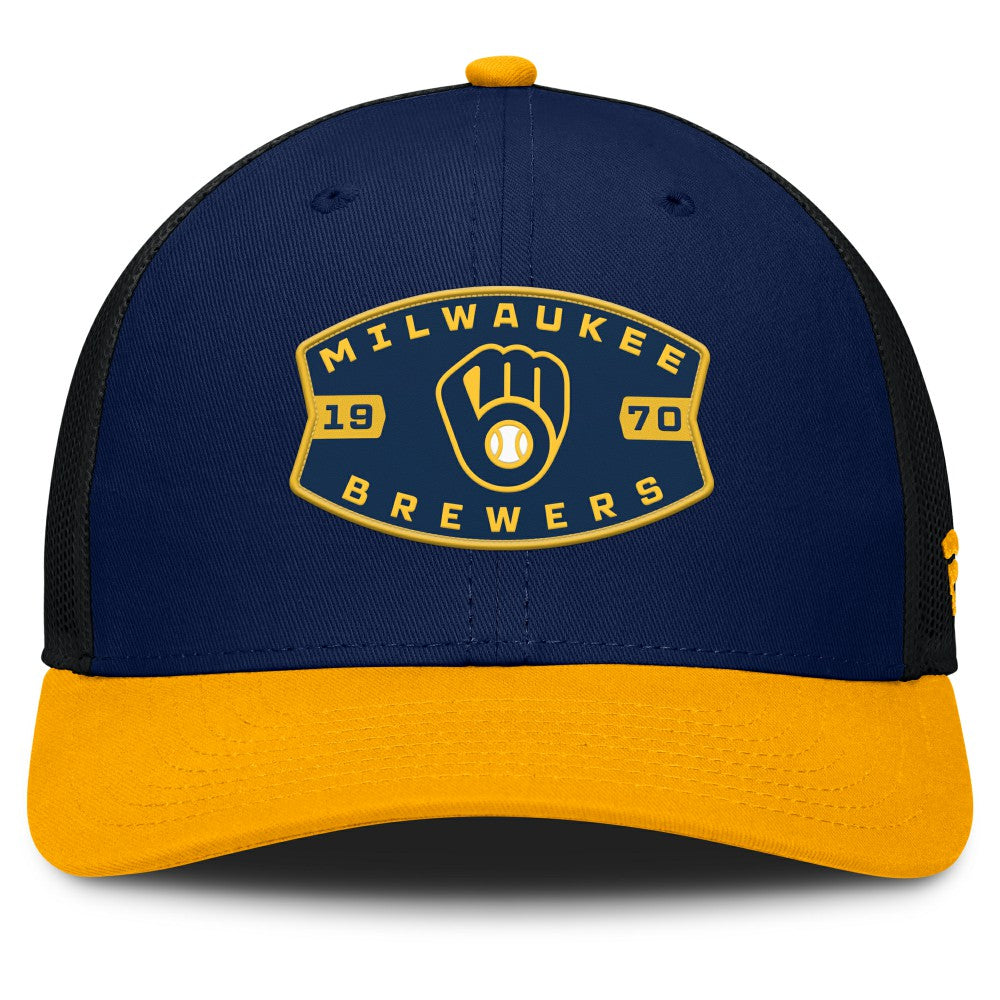 Milwaukee Brewers Fanatics Cutoff Adjustable Trucker Hat - Navy/Gold - Fanatics Online