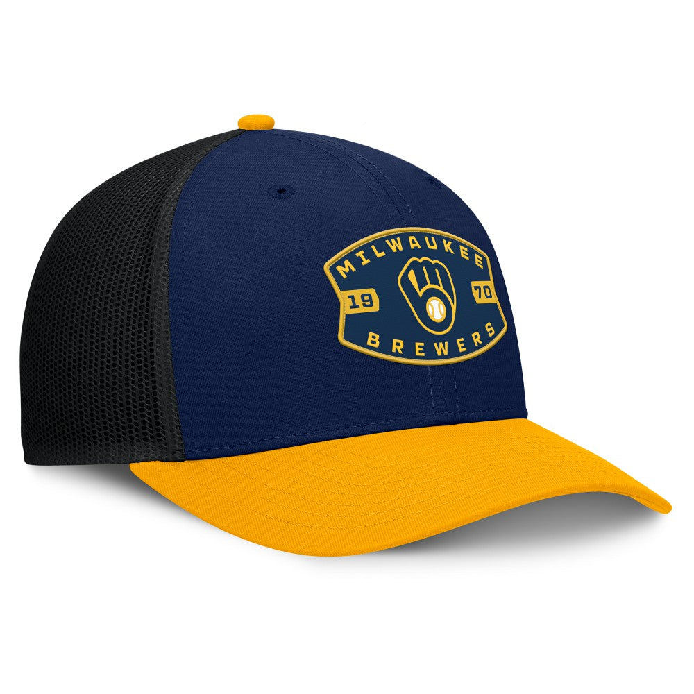 Milwaukee Brewers Fanatics Cutoff Adjustable Trucker Hat - Navy/Gold - Fanatics Online