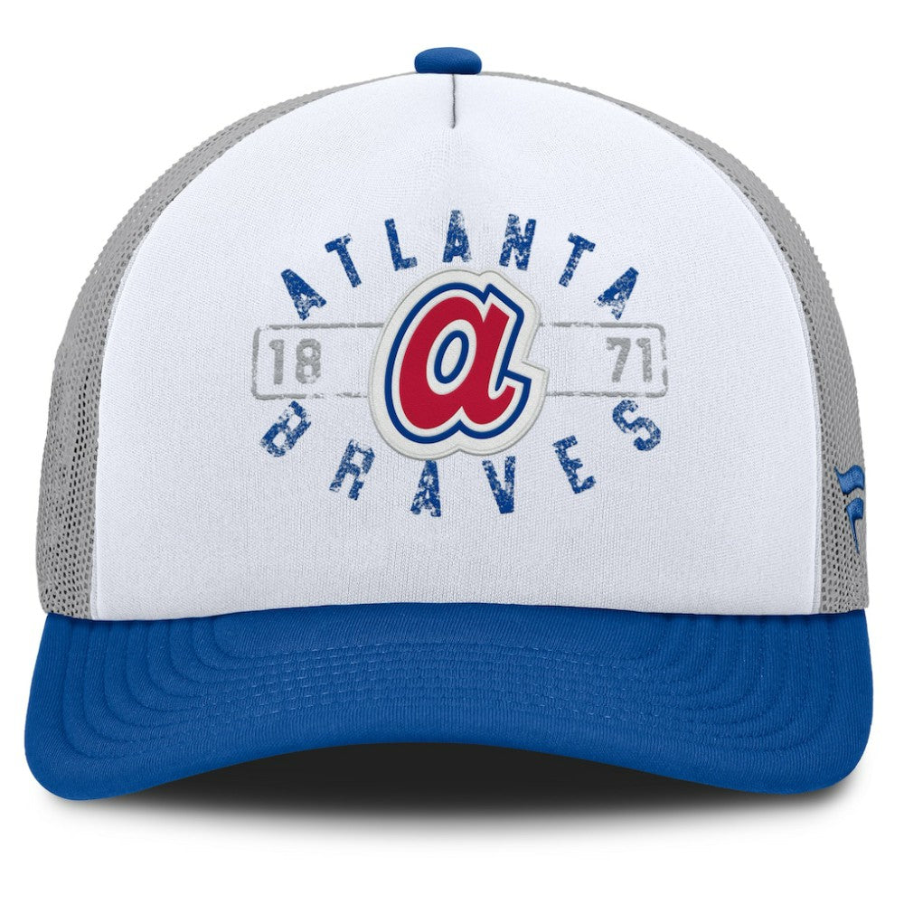 Atlanta Braves Fanatics Designated A-Frame Foam Front Trucker Adjustable Hat - White/Royal - Fanatics Lifestyle