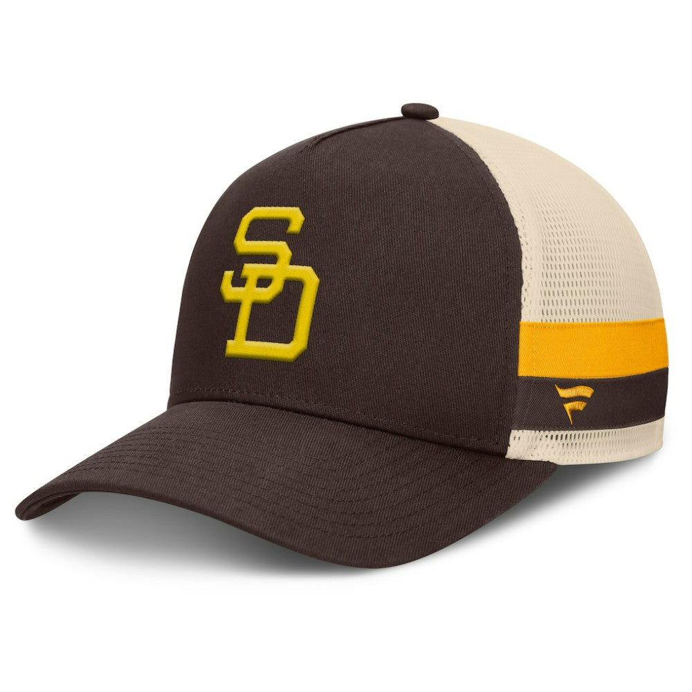 San Diego Padres Fanatics Inherited Side Stripe Trucker Adjustable Hat - Brown/Natural - Fanatics Discount