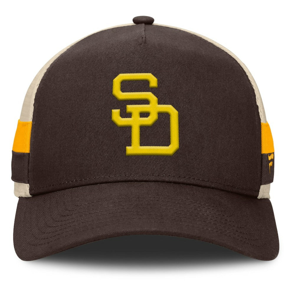 San Diego Padres Fanatics Inherited Side Stripe Trucker Adjustable Hat - Brown/Natural - Fanatics Discount