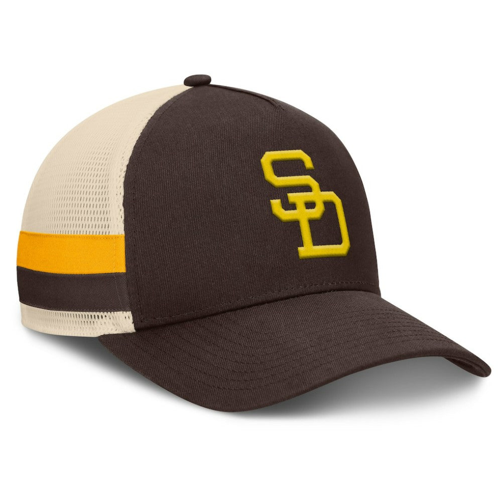 San Diego Padres Fanatics Inherited Side Stripe Trucker Adjustable Hat - Brown/Natural - Fanatics Discount