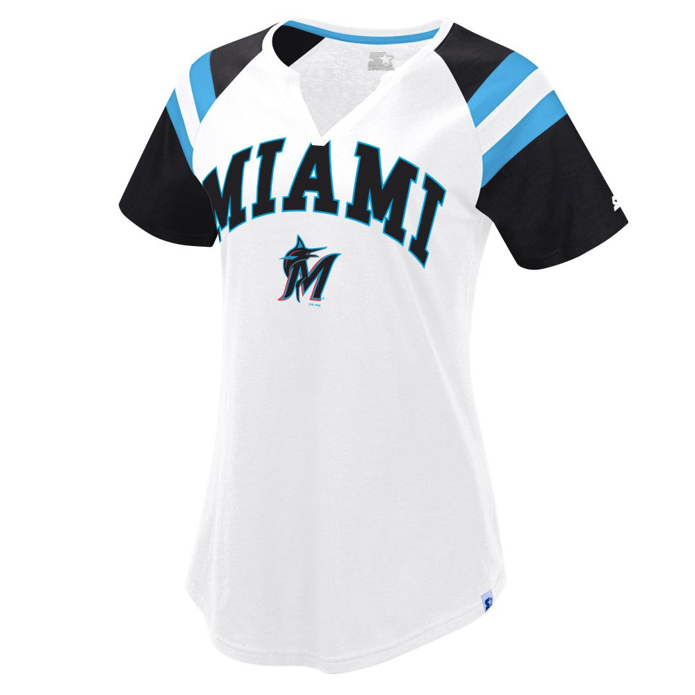 Miami Marlins Starter Women's Game On Notch Neck Raglan T-Shirt - White/Black - MLB Discount
