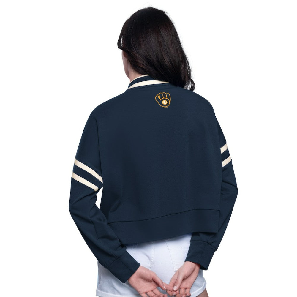 Milwaukee Brewers Starter Women's Power Play Cropped Pullover Sweatshirt - Navy - MLB Lifestyle