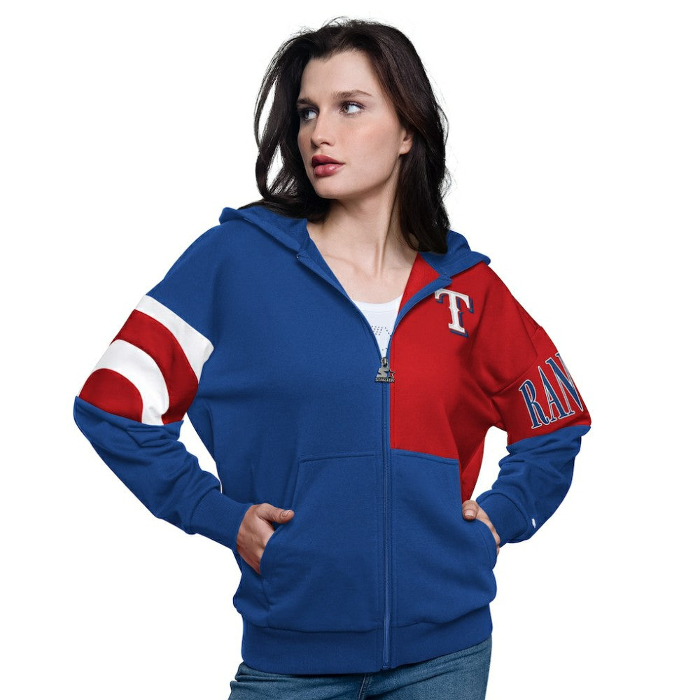 Texas Rangers Starter Women's Curve Ball Full Zip Hoodie Sweatshirt - Royal/Red - MLB Sale