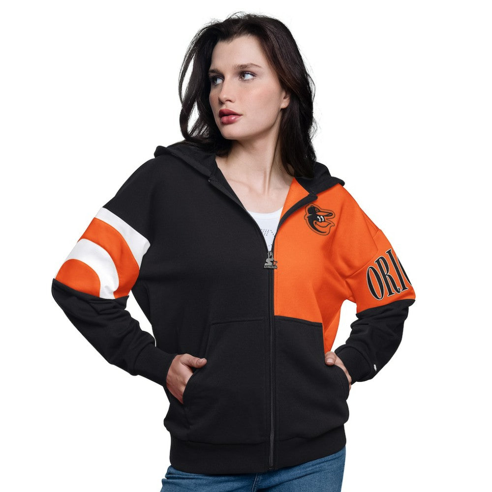 Baltimore Orioles Starter Women's Curve Ball Full Zip Hoodie Sweatshirt - Black/Orange - MLB Sale