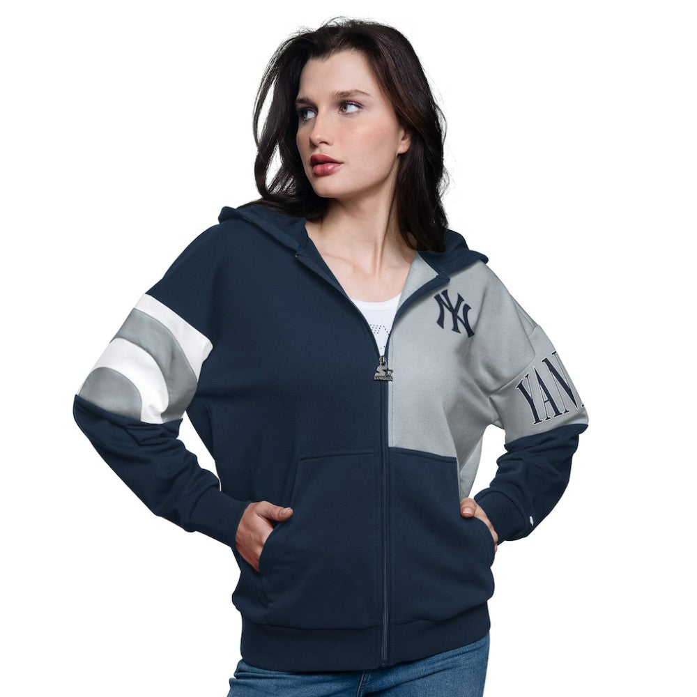 New York Yankees Starter Women's Curve Ball Full Zip Hoodie Sweatshirt - Navy/Gray - MLB Discount