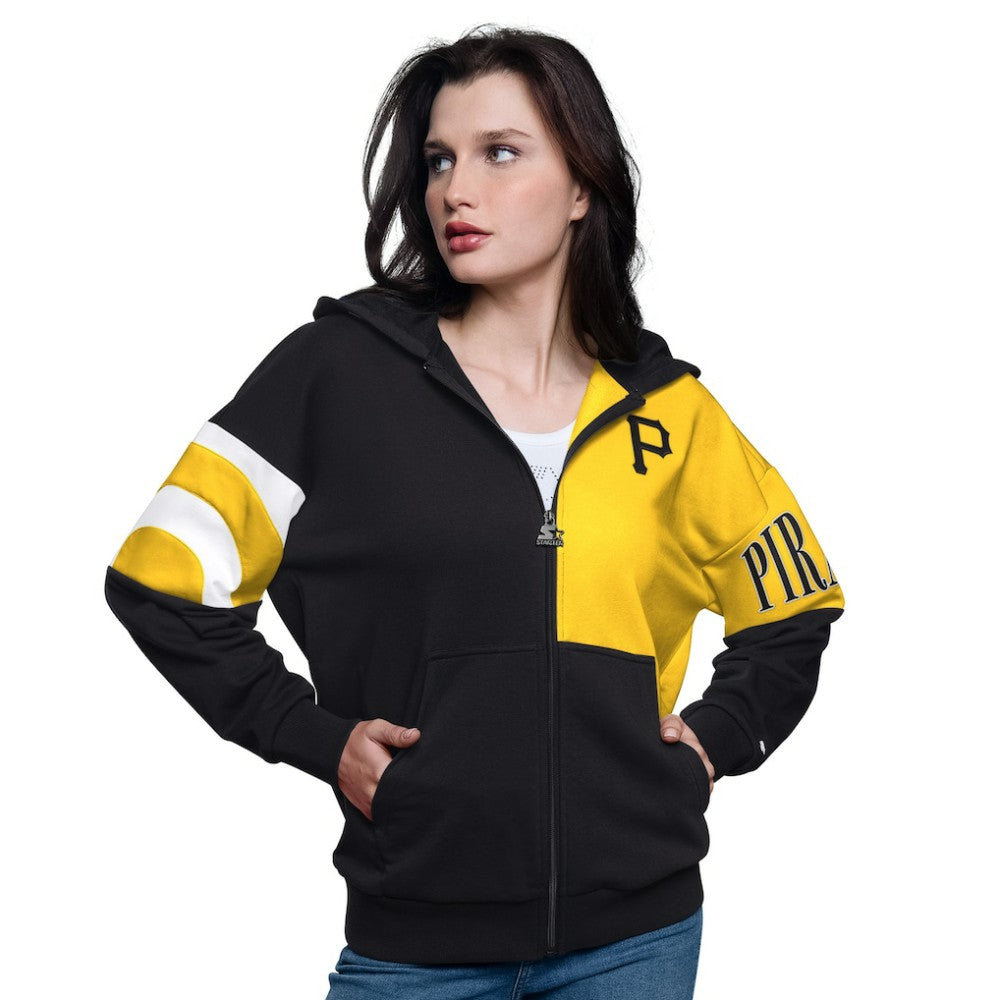 Pittsburgh Pirates Starter Women's Curve Ball Full Zip Hoodie Sweatshirt - Black/Gold - MLB Lifestyle