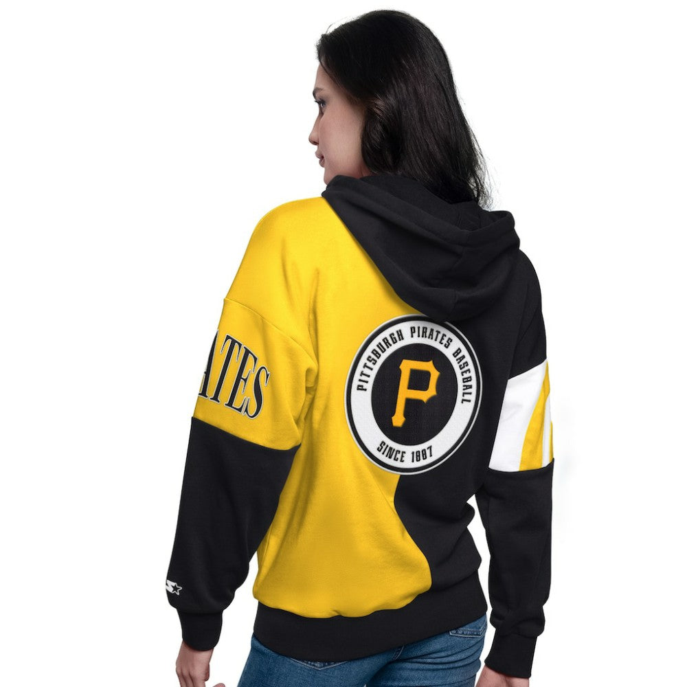 Pittsburgh Pirates Starter Women's Curve Ball Full Zip Hoodie Sweatshirt - Black/Gold - MLB Lifestyle