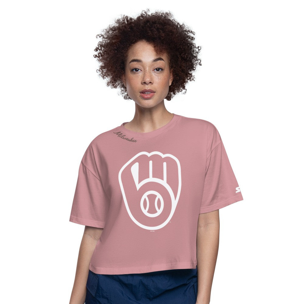 Milwaukee Brewers Starter Women's Play the Ball Boxy Cropped T-Shirt - Pink - MLB Discount