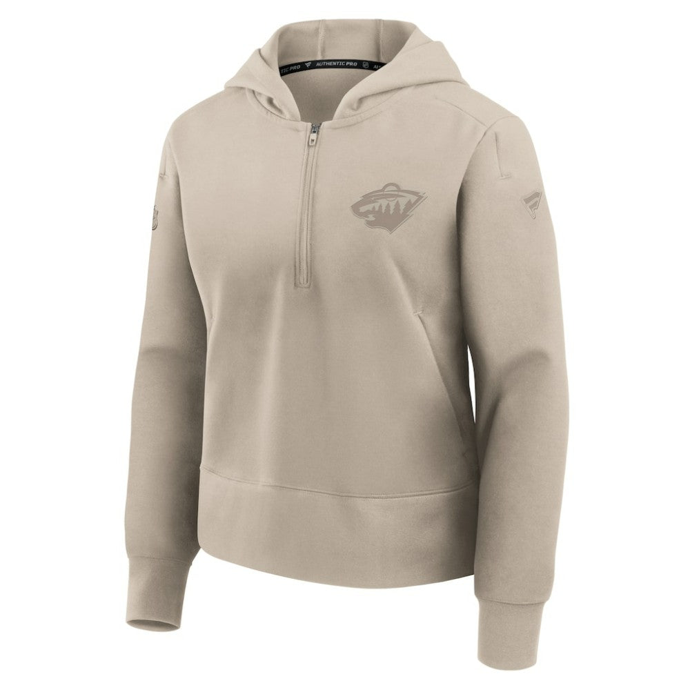 Minnesota Wild Fanatics Women's Authentic Pro Road Tri-Blend Quarter-Zip Hoodie - Tan - NHL 202493431