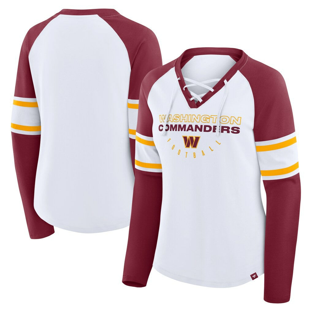 Fanatics Washington Commanders Women's Redzone Blitz Package Raglan Lace-Up V-Neck Long Sleeve T-Shirt White/Burgundy