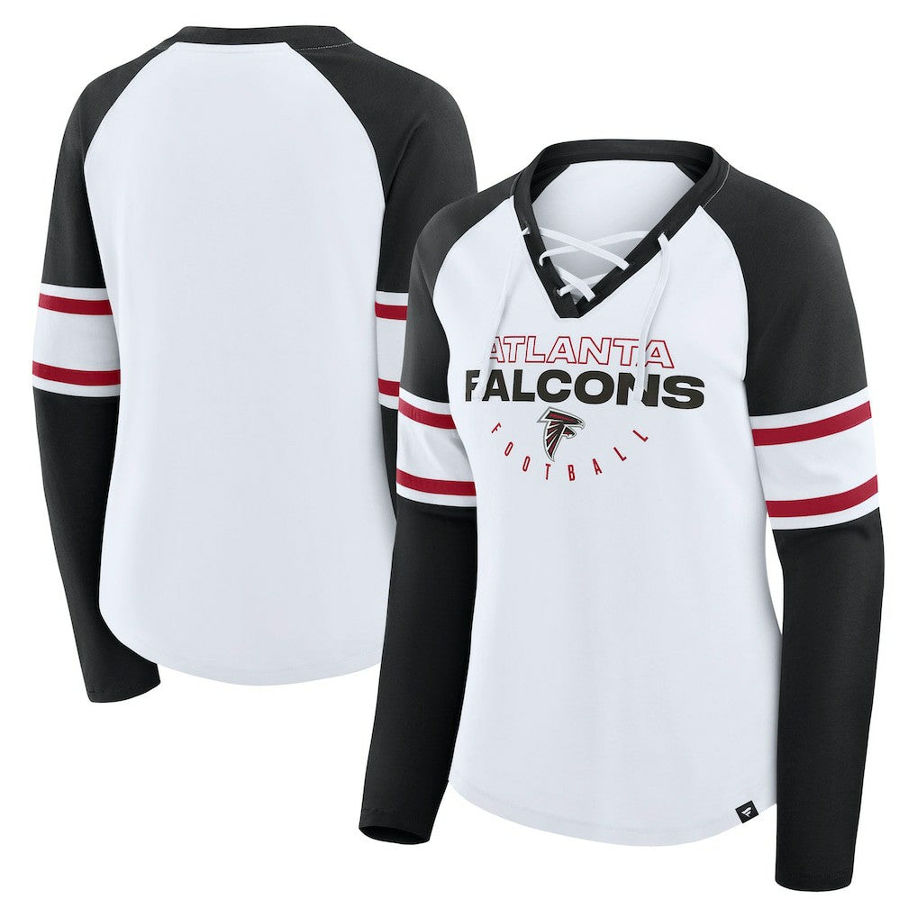 Fanatics Atlanta Falcons Women's Redzone Blitz Package Raglan Lace-Up V-Neck Long Sleeve T-Shirt White/Black
