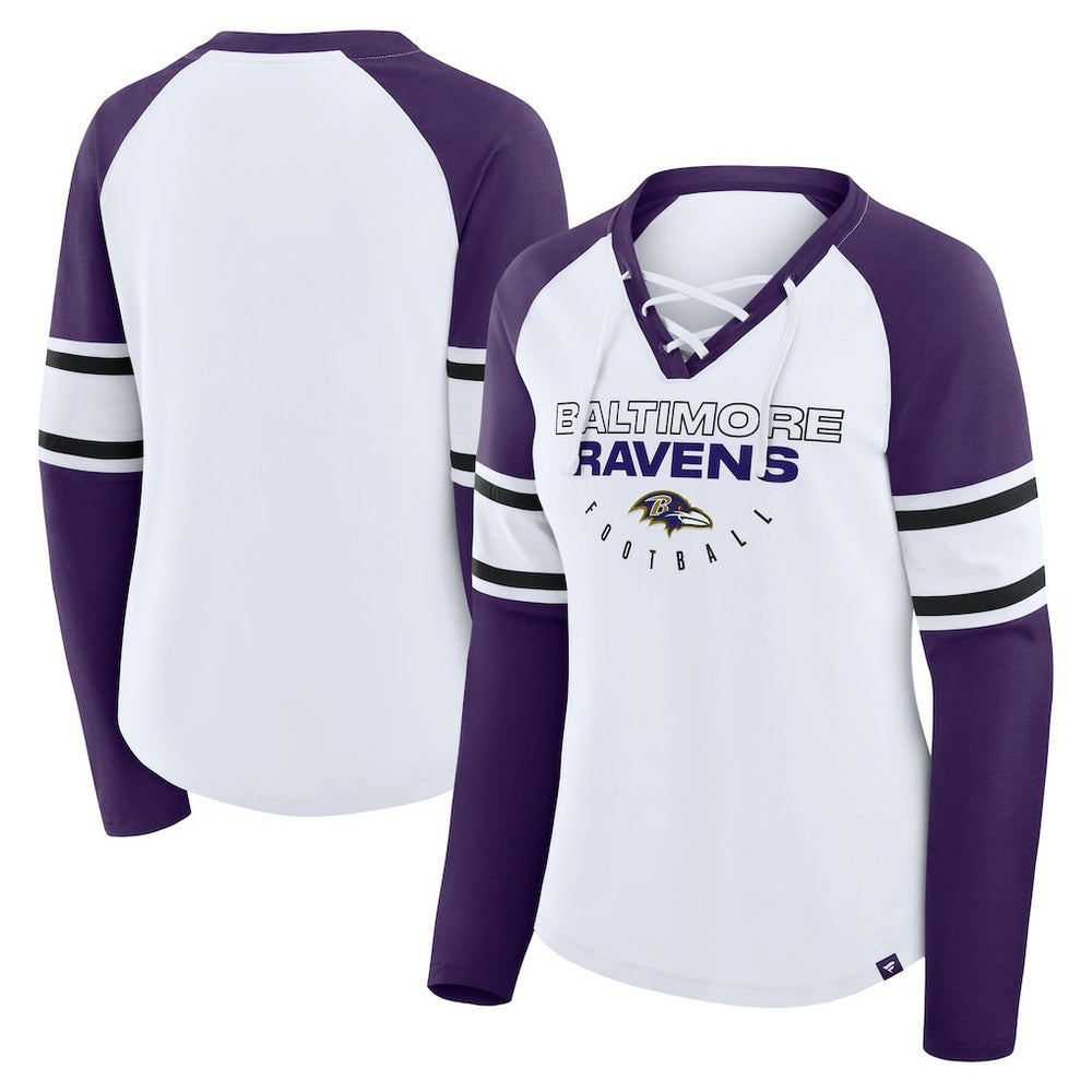 Fanatics Baltimore Ravens Women's Redzone Blitz Package Raglan Lace-Up V-Neck Long Sleeve T-Shirt White/Purple