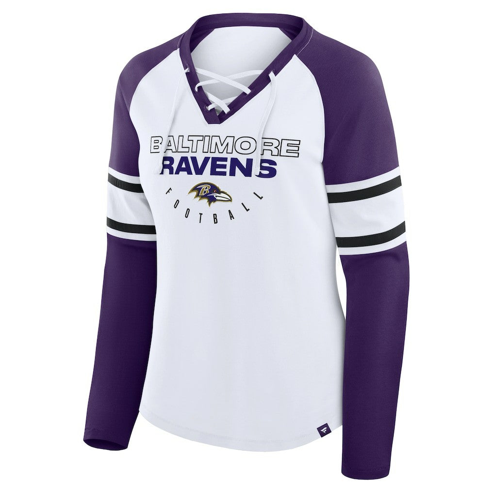 Fanatics Baltimore Ravens Women's Redzone Blitz Package Raglan Lace-Up V-Neck Long Sleeve T-Shirt White/Purple