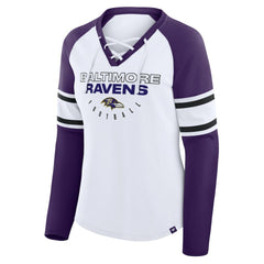 Fanatics Baltimore Ravens Women's Redzone Blitz Package Raglan Lace-Up V-Neck Long Sleeve T-Shirt White/Purple