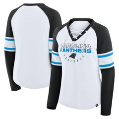 Fanatics Carolina Panthers Women's Redzone Blitz Package Raglan Lace-Up V-Neck Long Sleeve T-Shirt White/Black