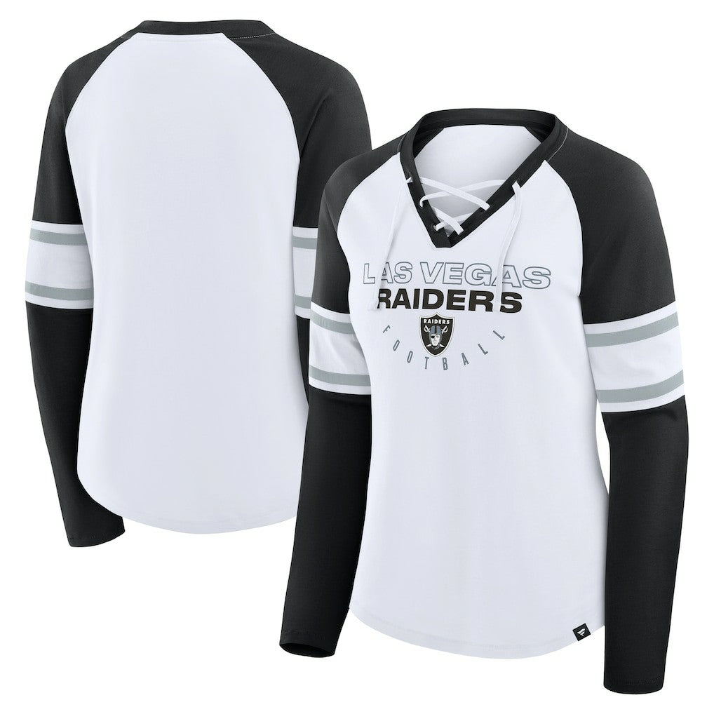 Fanatics Las Vegas Raiders Women's Redzone Blitz Package Raglan Lace-Up V-Neck Long Sleeve T-Shirt White/Black
