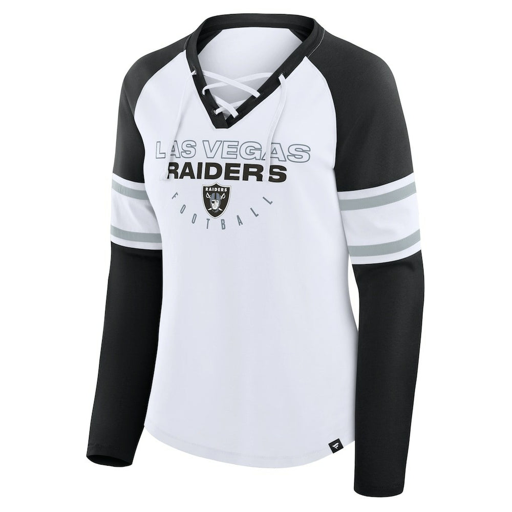Fanatics Las Vegas Raiders Women's Redzone Blitz Package Raglan Lace-Up V-Neck Long Sleeve T-Shirt White/Black