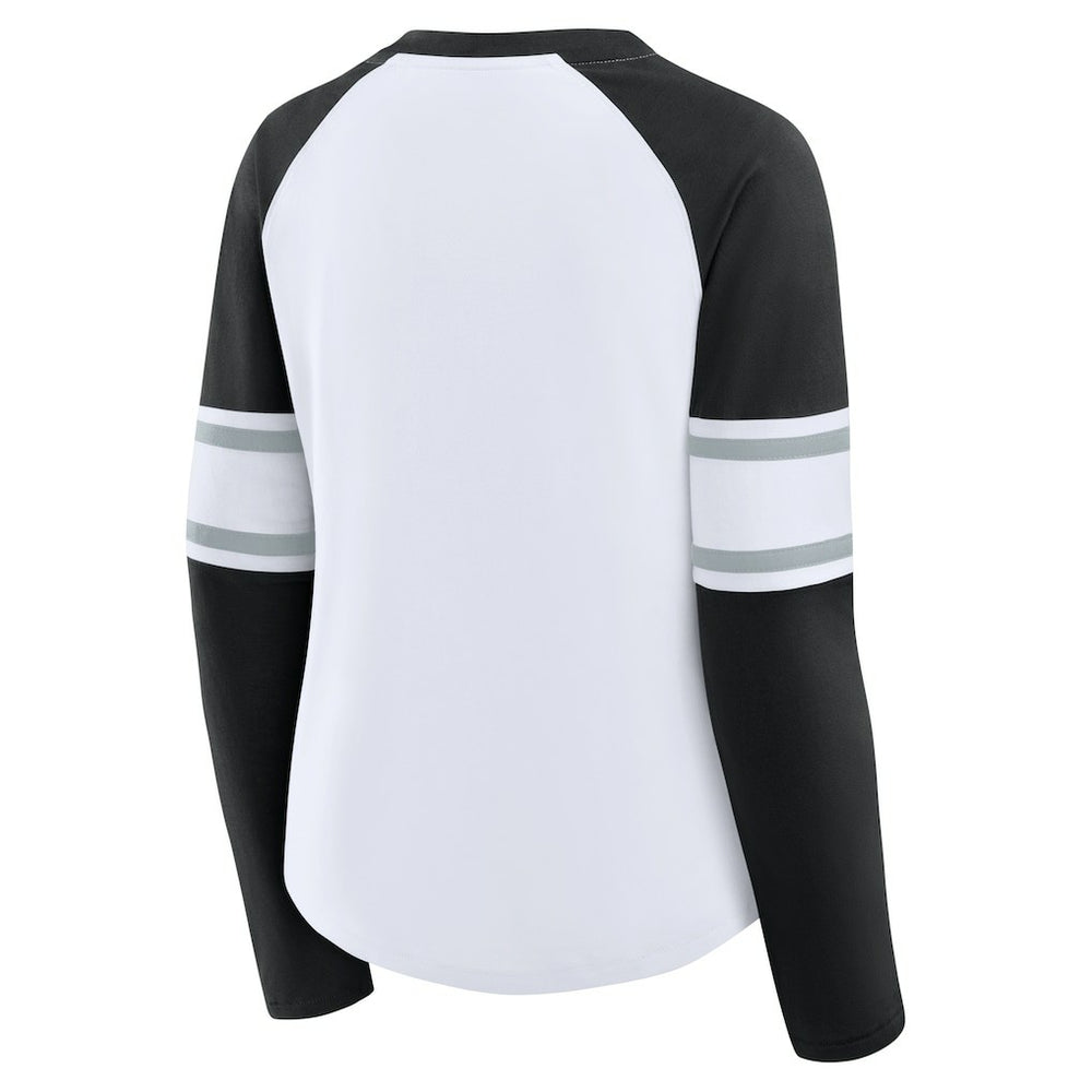 Fanatics Las Vegas Raiders Women's Redzone Blitz Package Raglan Lace-Up V-Neck Long Sleeve T-Shirt White/Black