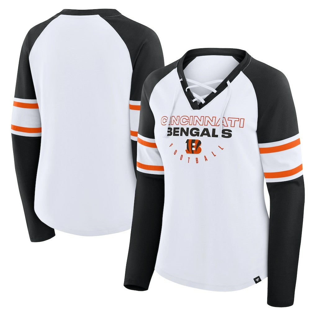 Fanatics Cincinnati Bengals Women's Redzone Blitz Package Raglan Lace-Up V-Neck Long Sleeve T-Shirt White/Black