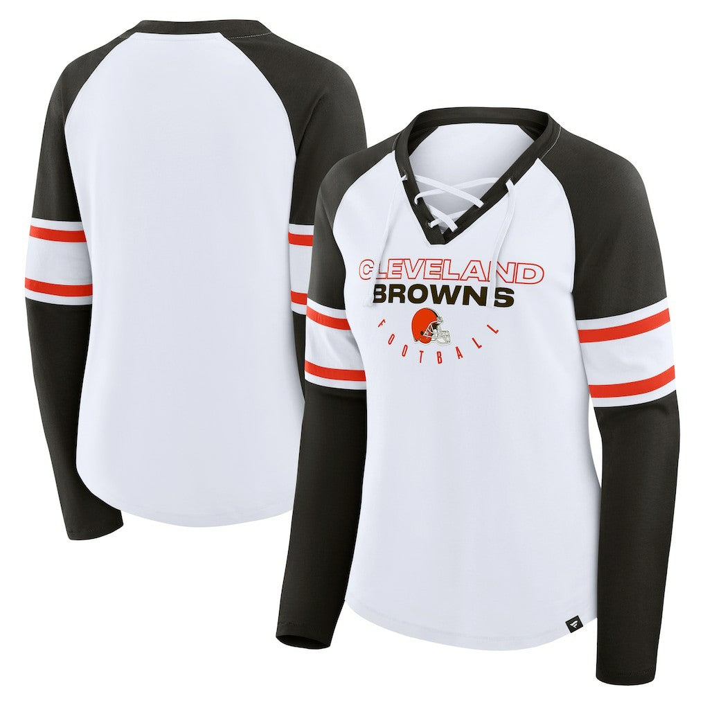 Fanatics Cleveland Browns Women's Redzone Blitz Package Raglan Lace-Up V-Neck Long Sleeve T-Shirt White/Brown