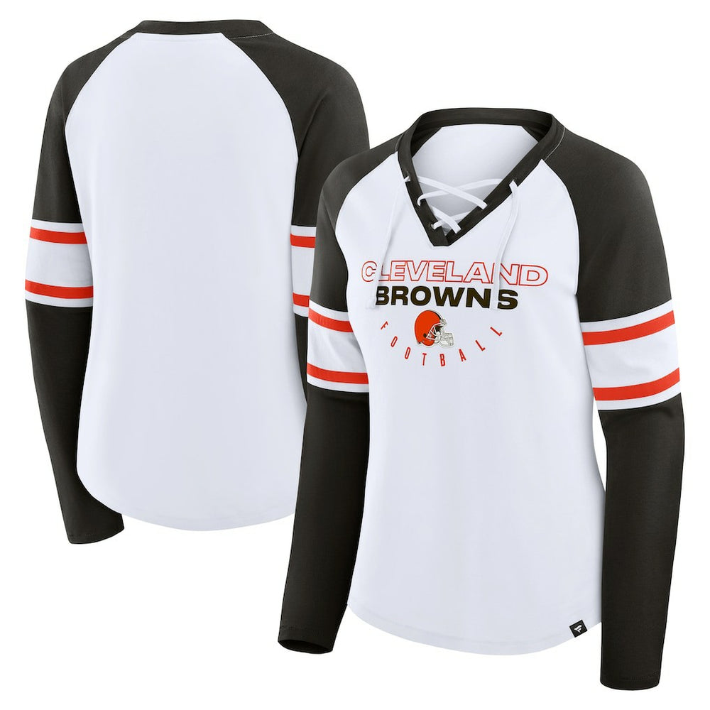 Fanatics Cleveland Browns Women's Redzone Blitz Package Raglan Lace-Up V-Neck Long Sleeve T-Shirt White/Brown