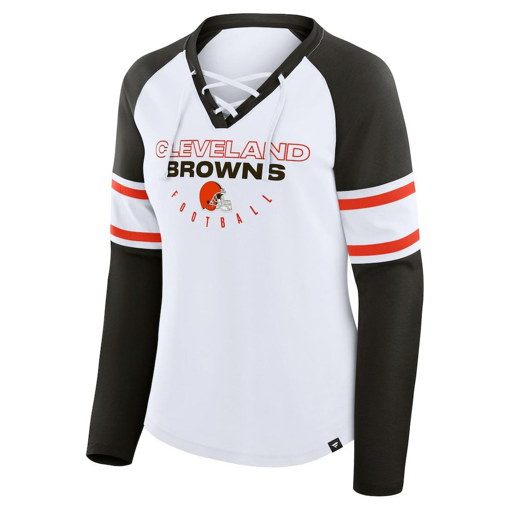 Fanatics Cleveland Browns Women's Redzone Blitz Package Raglan Lace-Up V-Neck Long Sleeve T-Shirt White/Brown