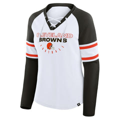 Fanatics Cleveland Browns Women's Redzone Blitz Package Raglan Lace-Up V-Neck Long Sleeve T-Shirt White/Brown