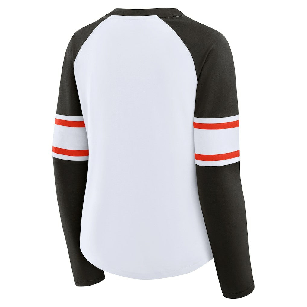 Fanatics Cleveland Browns Women's Redzone Blitz Package Raglan Lace-Up V-Neck Long Sleeve T-Shirt White/Brown