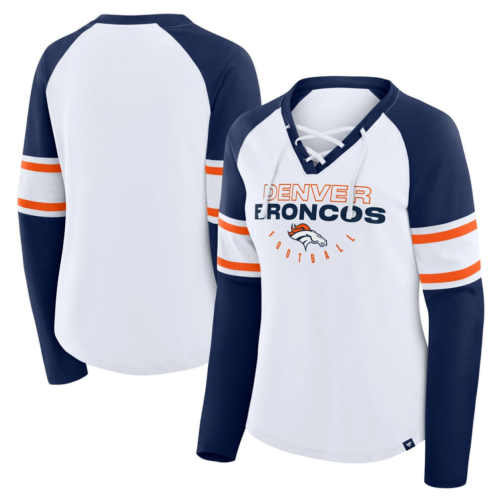 Fanatics Denver Broncos Women's Redzone Blitz Package Raglan Lace-Up V-Neck Long Sleeve T-Shirt White/Navy