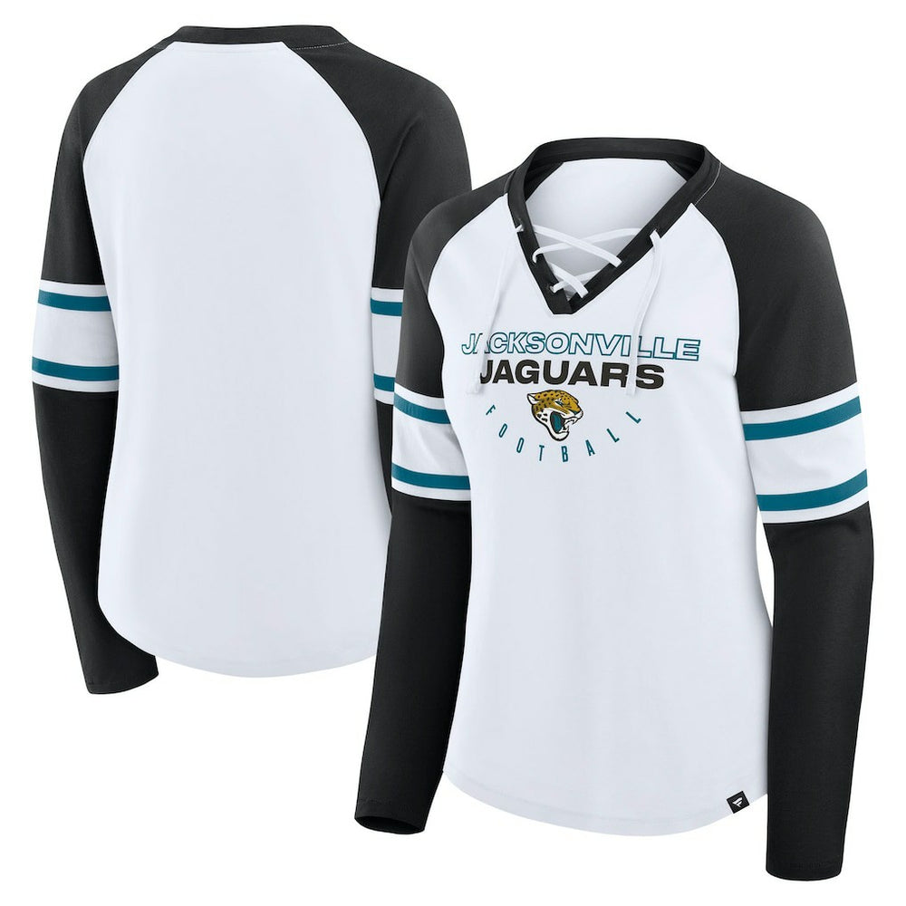 Fanatics Jacksonville Jaguars Women's Redzone Blitz Package Raglan Lace-Up V-Neck Long Sleeve T-Shirt White/Black