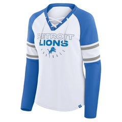 Fanatics Detroit Lions Women's Redzone Blitz Package Raglan Lace-Up V-Neck Long Sleeve T-Shirt White/Blue