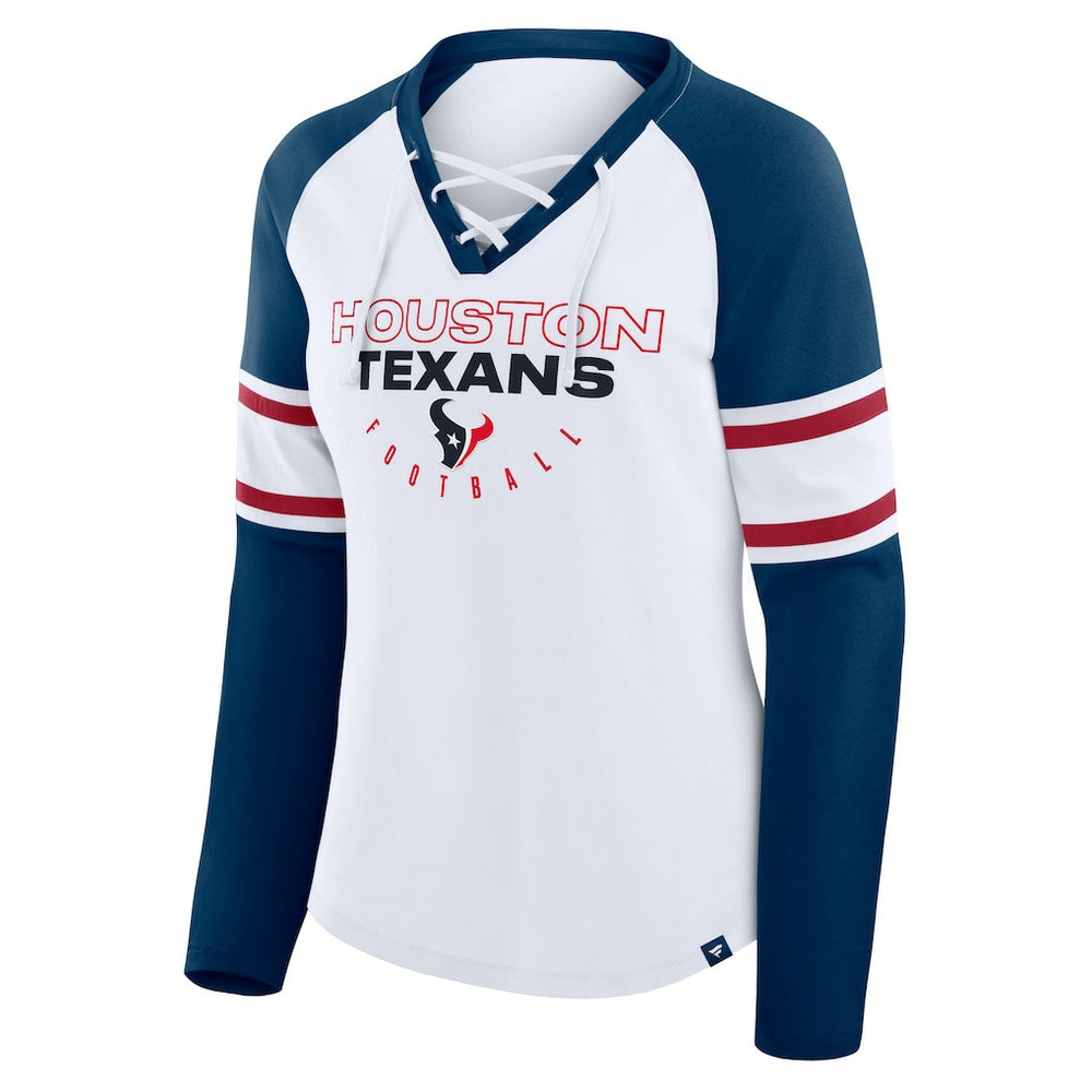 Fanatics Houston Texans Women's Redzone Blitz Package Raglan Lace-Up V-Neck Long Sleeve T-Shirt White/Navy