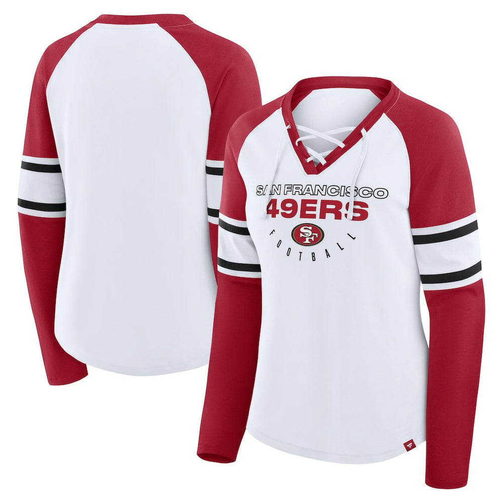 Fanatics San Francisco 49ers Women's Redzone Blitz Package Raglan Lace-Up V-Neck Long Sleeve T-Shirt White/Scarlet