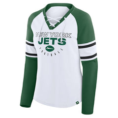Fanatics New York Jets Women's Redzone Blitz Package Raglan Lace-Up V-Neck Long Sleeve T-Shirt White/Green